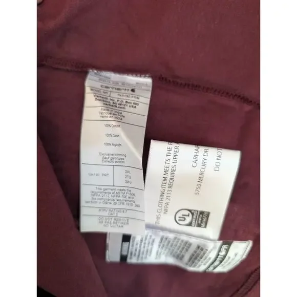 Carhartt Graphic T-Shirt Mens 2XL Maroon Flame Resistant Loose Long Sleeve NWT